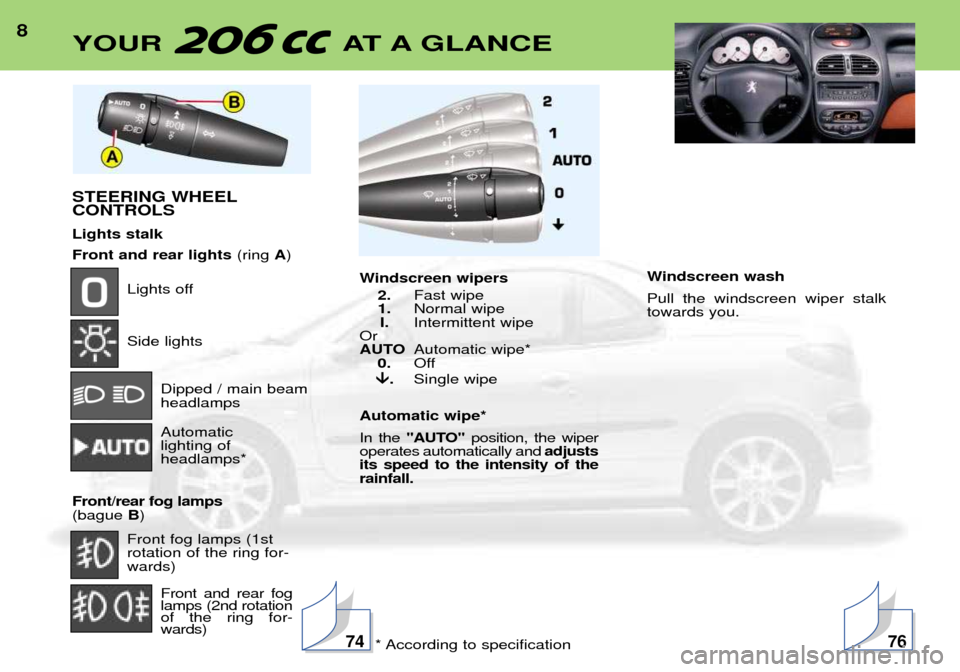 Peugeot 206 CC 2001.5  Owners Manual 8YOUR AT A GLANCE
STEERING WHEEL CONTROLS Lights stalk Front and rear lights(ring A)
Lights off Side lights
Dipped / main beam headlamps Automatic  lighting of headlamps*
Front/rear fog lamps (bague  