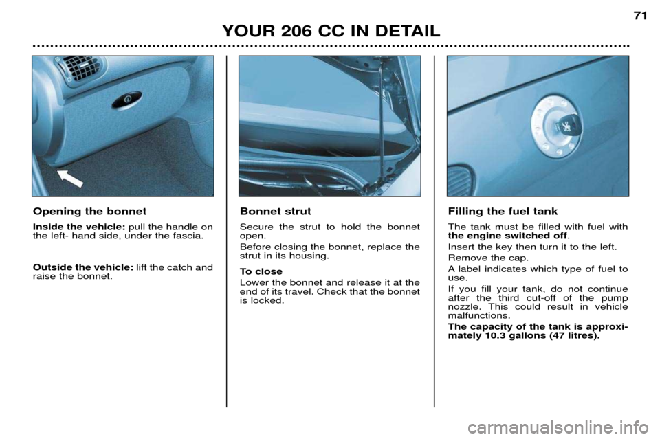 Peugeot 206 CC 2001.5 Manual PDF YOUR 206 CC IN DETAIL71
Bonnet strut Secure the strut to hold the bonnet open. Before closing the bonnet, replace the strut in its housing. 
To close Lower the bonnet and release it at the end of its 