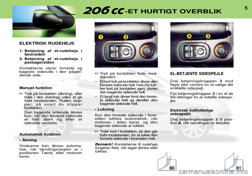 Peugeot 206 CC 2001.5  Instruktionsbog (in Danish) 5-ET HURTIGT OVERBLIK
ELEKTRISK RUDEHEJS 
1- Betjening af el-rudehejs if¿rersiden
2- Betjening af el-rudehejs i passagersiden
Kontakterne styrer forreste og bageste siderude i den pŒg¾l-dende side.