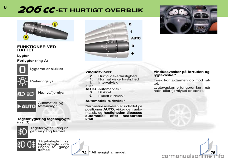 Peugeot 206 CC 2001.5  Instruktionsbog (in Danish) 8-ET HURTIGT OVERBLIK
FUNKTIONER VED 
RATTET 
Lygter Forlygter(ring A)
Lygterne er slukket Parkeringslys
N¾rlys/fjernlys Automatisk lyg- tet¾nding*
TŒgeforlygter og tŒgebaglygte(ring  B)
TŒgeforl