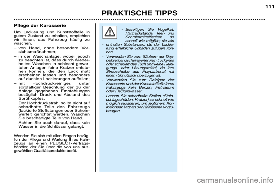 Peugeot 206 CC 2001.5  Betriebsanleitung (in German) PRAKTISCHE TIPPS111
Pflege der Karosserie 
Um Lackierung und Kunststoffteile in gutem Zustand zu erhalten, empfehlenwir Ihnen, das Fahrzeug hŠufig zuwaschen, 
Ð von Hand, ohne besondere Vor-
sichtsm