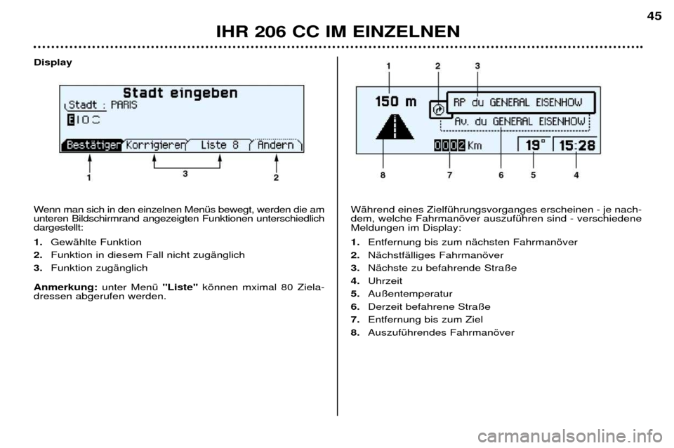Peugeot 206 CC 2001.5  Betriebsanleitung (in German) Display 
Wenn man sich in den einzelnen MenŸs bewegt, werden die am unteren Bildschirmrand angezeigten Funktionen unterschiedlichdargestellt: 1.GewŠhlte Funktion 
2. Funktion in diesem Fall nicht zu