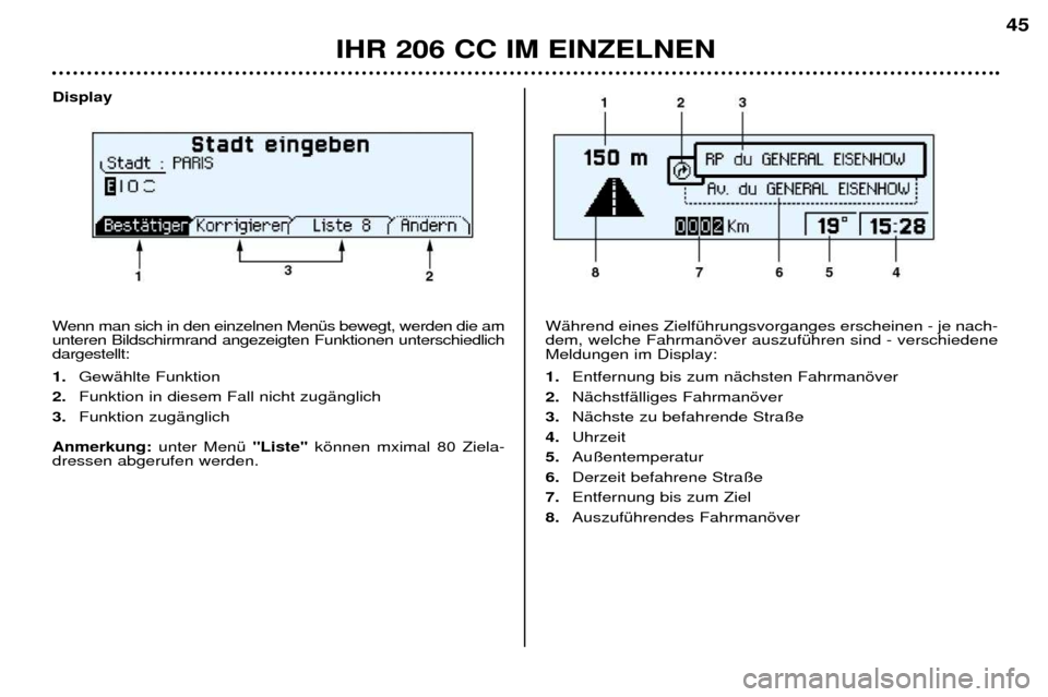 Peugeot 206 CC 2001.5 Betriebsanleitung (in German) Display
Wenn man sich in den einzelnen MenŸs bewegt, werden die am unteren Bildschirmrand angezeigten Funktionen unterschiedlichdargestellt: 1.GewŠhlte Funktion
2. Funktion in diesem Fall nicht zu Peugeot 206 CC 2001.5 Betriebsanleitung (in German) Display
Wenn man sich in den einzelnen MenŸs bewegt, werden die am unteren Bildschirmrand angezeigten Funktionen unterschiedlichdargestellt: 1.GewŠhlte Funktion
2. Funktion in diesem Fall nicht zu