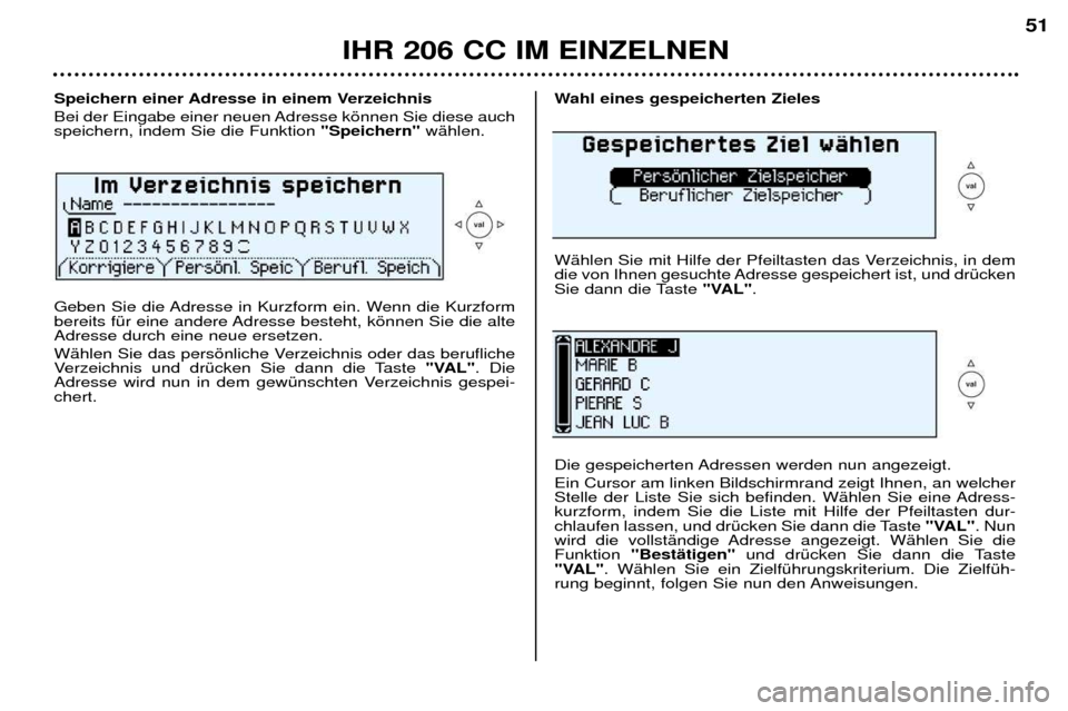 Peugeot 206 CC 2001.5 Betriebsanleitung (in German) IHR 206 CC IM EINZELNEN51
Speichern einer Adresse in einem Verzeichnis
Bei der Eingabe einer neuen Adresse kšnnen Sie diese auch speichern, indem Sie die Funktion
"Speichern" wŠhlen.
Geben Sie di Peugeot 206 CC 2001.5 Betriebsanleitung (in German) IHR 206 CC IM EINZELNEN51
Speichern einer Adresse in einem Verzeichnis
Bei der Eingabe einer neuen Adresse kšnnen Sie diese auch speichern, indem Sie die Funktion
"Speichern" wŠhlen.
Geben Sie di