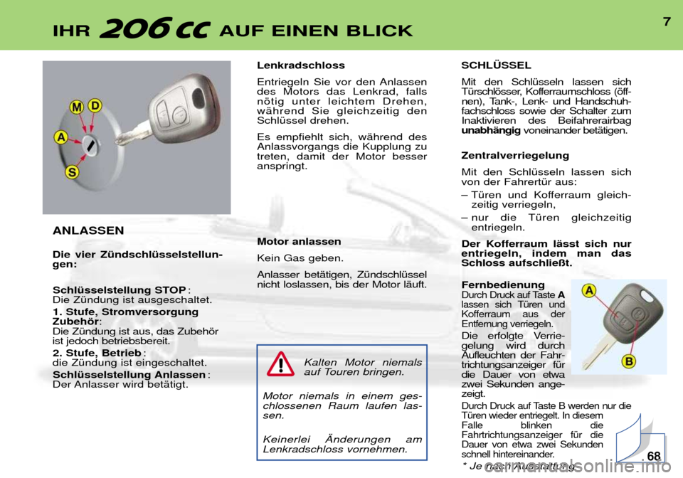 Peugeot 206 CC 2001.5  Betriebsanleitung (in German) 7IHR AUF EINEN BLICK
ANLASSEN Die vier ZŸndschlŸsselstellun- gen:SchlŸsselstellung STOP : 
Die ZŸndung ist ausgeschaltet. 
1. Stufe, Stromversorgung
Zubehšr :
Die ZŸndung ist aus, das Zubehšris