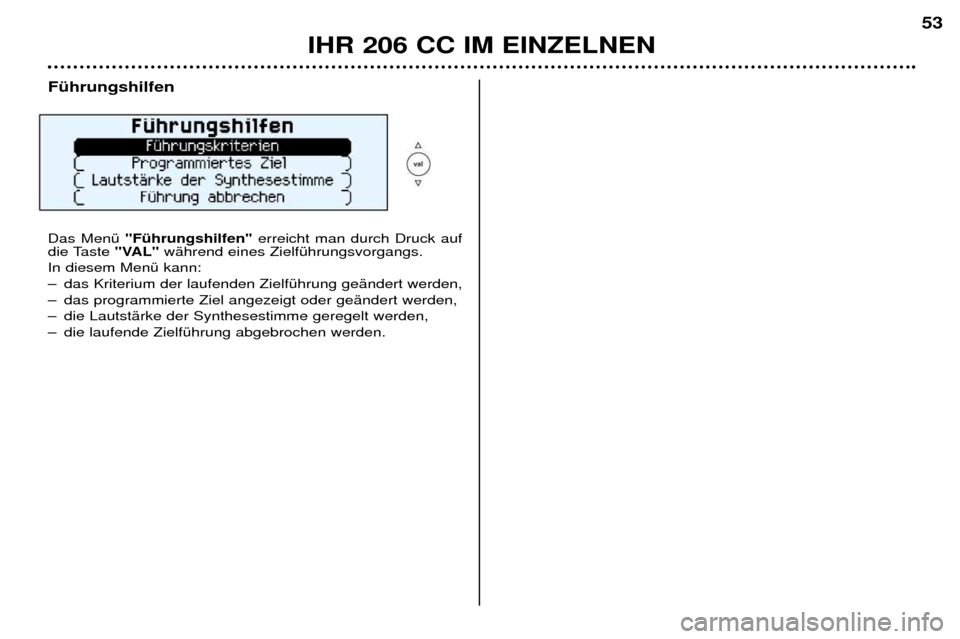 Peugeot 206 CC 2001.5 Betriebsanleitung (in German) IHR 206 CC IM EINZELNEN53
FŸhrungshilfen Das MenŸ
"FŸhrungshilfen" erreicht man durch Druck auf
die Taste "VAL"wŠhrend eines ZielfŸhrungsvorgangs.
In diesem MenŸ kann:
Ð das Kriterium der Peugeot 206 CC 2001.5 Betriebsanleitung (in German) IHR 206 CC IM EINZELNEN53
FŸhrungshilfen Das MenŸ
"FŸhrungshilfen" erreicht man durch Druck auf
die Taste "VAL"wŠhrend eines ZielfŸhrungsvorgangs.
In diesem MenŸ kann:
Ð das Kriterium der