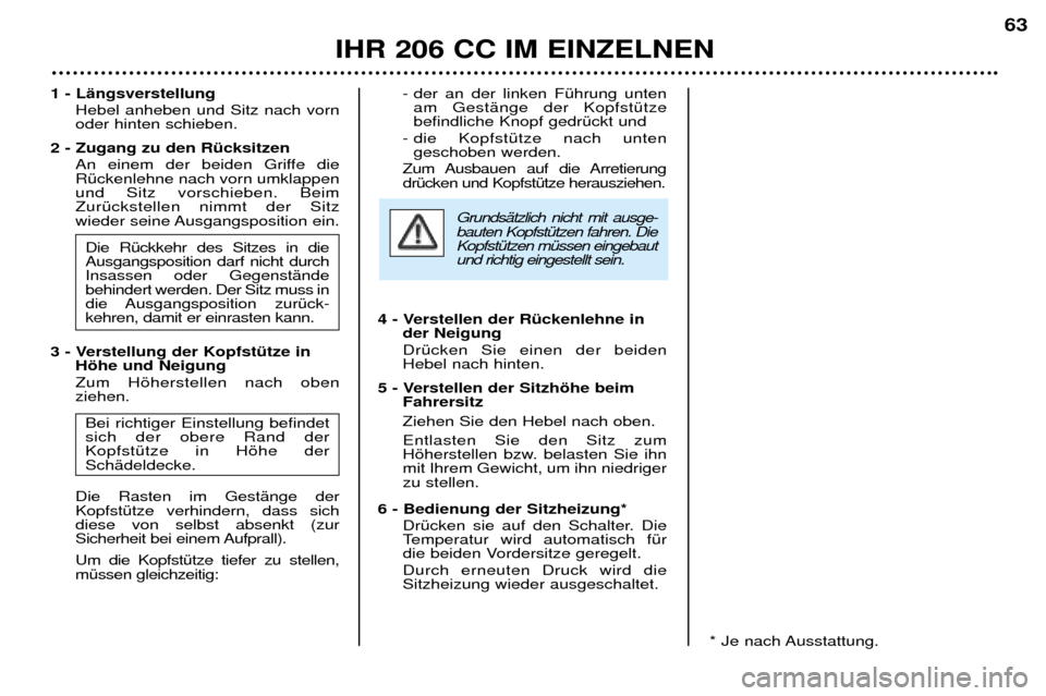 Peugeot 206 CC 2001.5 Betriebsanleitung (in German) IHR 206 CC IM EINZELNEN63
1 - LÅ ngsverstellung
Hebel anheben und Sitz nach vorn oder hinten schieben.
2 - Zugang zu den RŸcksitzen An einem der beiden Griffe dieRŸckenlehne nach vorn umklappenund S Peugeot 206 CC 2001.5 Betriebsanleitung (in German) IHR 206 CC IM EINZELNEN63
1 - LÅ ngsverstellung
Hebel anheben und Sitz nach vorn oder hinten schieben.
2 - Zugang zu den RŸcksitzen An einem der beiden Griffe dieRŸckenlehne nach vorn umklappenund S