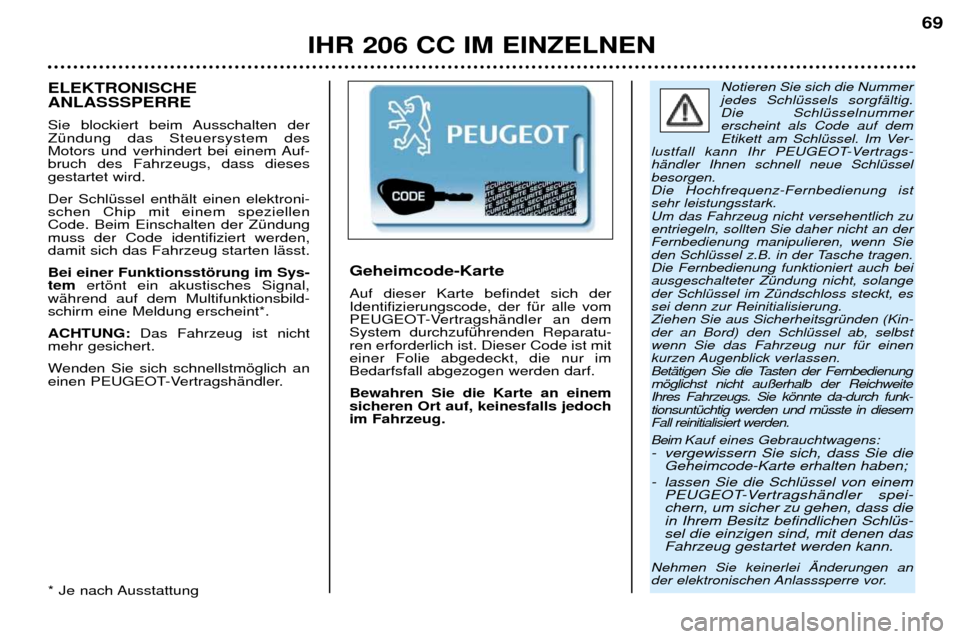 Peugeot 206 CC 2001.5 Betriebsanleitung (in German) IHR 206 CC IM EINZELNEN69
Notieren Sie sich die Nummer jedes SchlŸssels sorgfŠltig.Die SchlŸsselnummererscheint als Code auf dem
Etikett am SchlŸssel. Im Ver-
lustfall kann Ihr PEUGEOT-Vertrags-hÅ Peugeot 206 CC 2001.5 Betriebsanleitung (in German) IHR 206 CC IM EINZELNEN69
Notieren Sie sich die Nummer jedes SchlŸssels sorgfŠltig.Die SchlŸsselnummererscheint als Code auf dem
Etikett am SchlŸssel. Im Ver-
lustfall kann Ihr PEUGEOT-Vertrags-hÅ