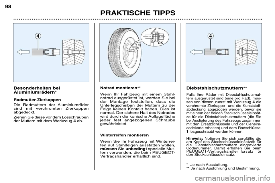 Peugeot 206 CC 2001.5  Betriebsanleitung (in German) PRAKTISCHE TIPPS
98
Besonderheiten bei  AluminiumrŠdern* Radmutter-Zierkappen 
Die Radmuttern der AluminiumrŠder sind mit verchromten Zierkappenabgedeckt.  Ziehen Sie diese vor dem Losschrauben 
der