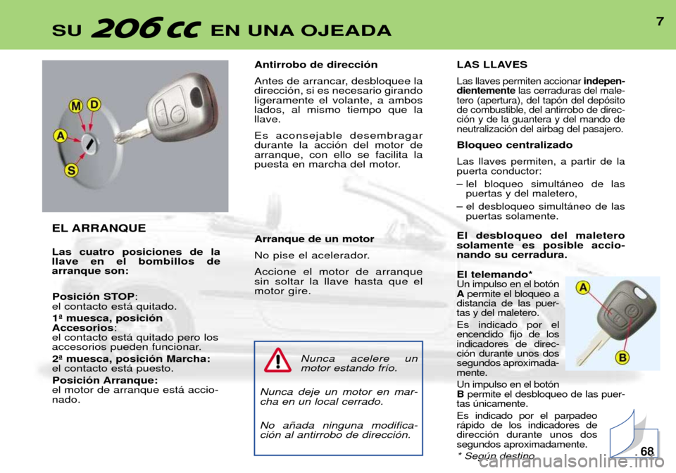 Peugeot 206 CC 2001.5  Manual del propietario (in Spanish) 7SU EN UNA OJEADA
EL ARRANQUE Las cuatro posiciones de la llave en el bombillos dearranque son:
Posici—n STOP : 
el contacto est‡ quitado.
1» muesca, posici—n
Accesorios : 
el contacto est‡ q