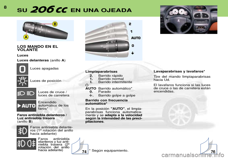 Peugeot 206 CC 2001.5  Manual del propietario (in Spanish) 8SU EN UNA OJEADA
LOS MANDO EN EL VOLANTE Luces Luces delanteras(anillo A)
Luces apagadas Luces de posici—n
Luces de cruce / luces de carretera Encendido  autom‡tico de losfaros*
Faros antiniebla 