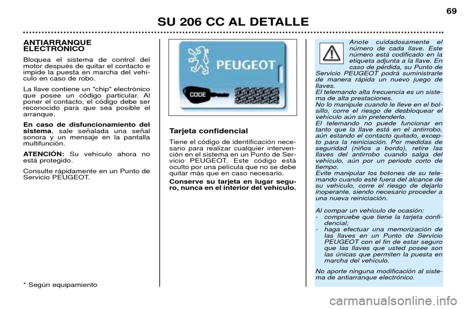 Peugeot 206 CC 2001.5  Manual del propietario (in Spanish) SU 206 CC AL DETALLE
69
Anote cuidadosamente el nœmero de cada llave. Estenœmero est‡ codificado en laetiqueta adjunta a la llave. Encaso de pŽrdida, su Punto de
Servicio PEUGEOT podr‡ suminist