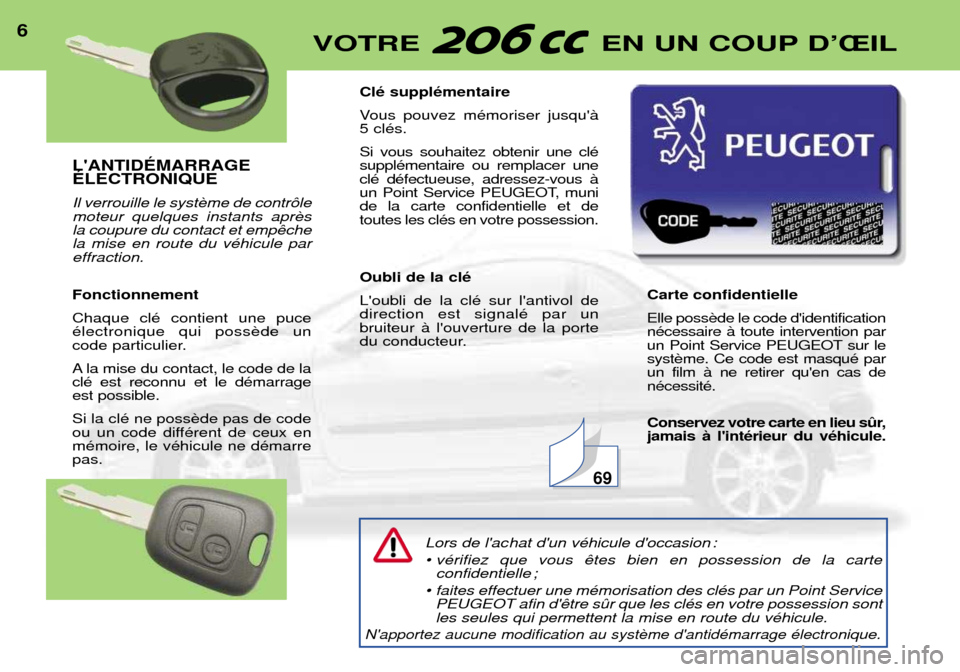 Peugeot 206 CC 2001.5 Manuel du propriétaire (in French) LANTIDƒMARRAGE ƒLECTRONIQUE Il verrouille le syst moteur quelques instants aprla coupure du contact et empla mise en route du vŽhicule pareffraction. Fonctionnement Chaque clŽ contient une puce Peugeot 206 CC 2001.5 Manuel du propriétaire (in French) LANTIDƒMARRAGE ƒLECTRONIQUE Il verrouille le syst moteur quelques instants aprla coupure du contact et empla mise en route du vŽhicule pareffraction. Fonctionnement Chaque clŽ contient une puce