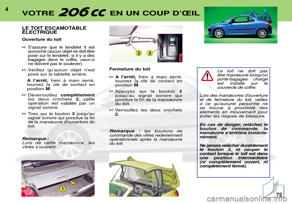 Peugeot 206 CC 2001.5  Manuel du propriétaire (in French) 4LE TOIT ESCAMOTABLE ƒLECTRIQUE Ouverture du toit SÕassurer que le tendelet  1est
accrochŽ (aucun objet ne doit  
posŽ sur le tendelet ; si il y a des
bagages dans le coffre, ceux-cine doivent pa