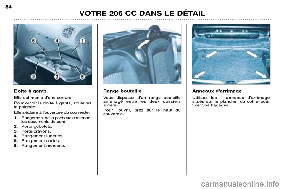 Peugeot 206 CC 2001.5  Manuel du propriétaire (in French) VOTRE 206 CC DANS LE DƒTAIL
84
Bo”te ˆ gants Elle est munie dune serrure. Pour ouvrir la bo”te ˆ gants, soulevez la poignŽe. Elle sŽclaire ˆ louverture du couvercle.1.
Rangement de la poc