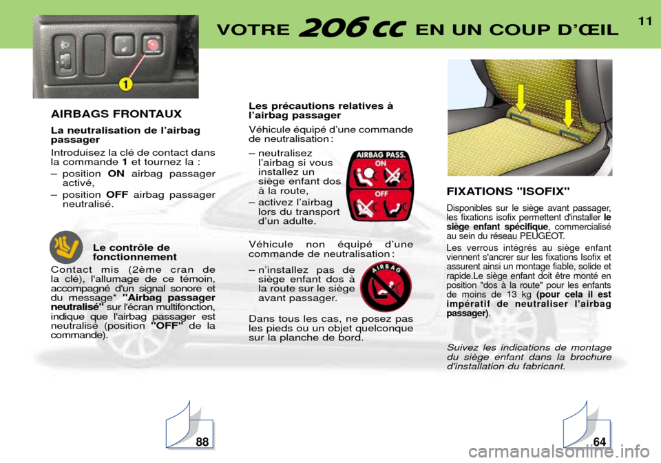 Peugeot 206 CC 2001.5  Manuel du propriétaire (in French) 11VOTRE  EN UN COUP DÕÎIL
AIRBAGS FRONTAUX La neutralisation de lÕairbag passager Introduisez la clŽ de contact dans la commande 1et tournez la :
Ð position  ONairbag passager
activŽ,
Ð positio