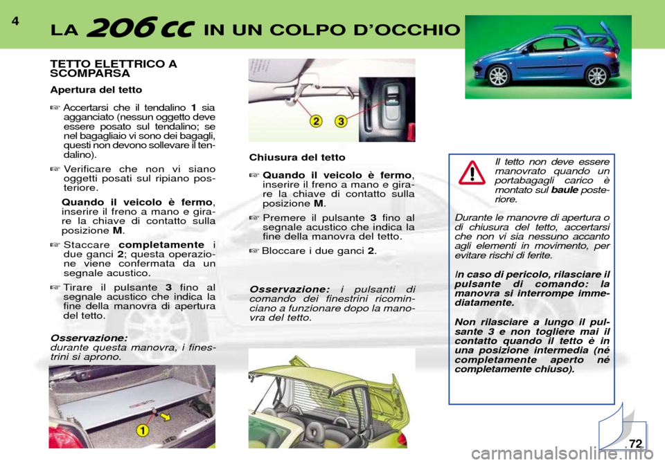 Peugeot 206 CC 2001.5  Manuale del proprietario (in Italian) 4
TETTO ELETTRICO A 
SCOMPARSA Apertura del tetto Accertarsi che il tendalino  1sia
agganciato (nessun oggetto deve essere posato sul tendalino; senel bagagliaio vi sono dei bagagli,questi non devono