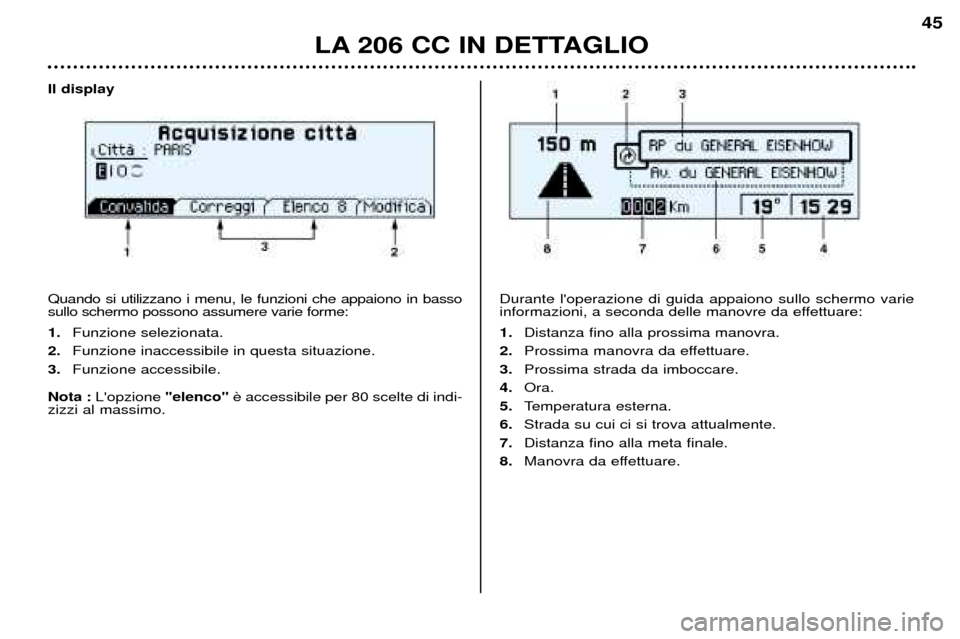 Peugeot 206 CC 2001.5  Manuale del proprietario (in Italian) LA 206 CC IN DETTAGLIO
45
Il display  Quando si utilizzano i menu, le funzioni che appaiono in basso sullo schermo possono assumere varie forme: 1.Funzione selezionata.
2. Funzione inaccessibile in qu