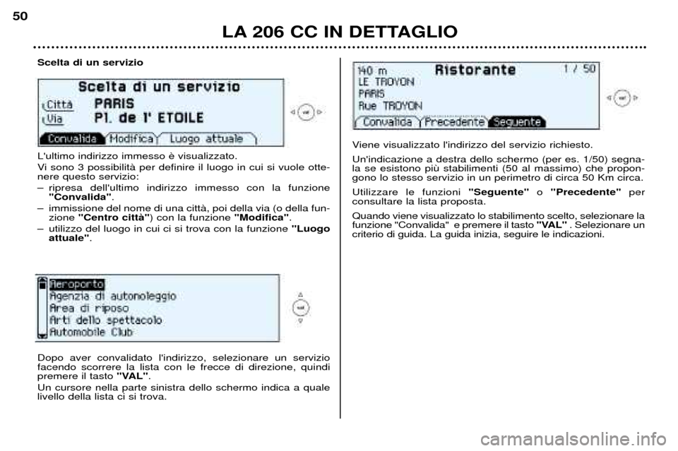 Peugeot 206 CC 2001.5  Manuale del proprietario (in Italian) LA 206 CC IN DETTAGLIO
50
Scelta di un servizio Lultimo indirizzo immesso  
Vi sono 3 possibilitˆ per definire il luogo in cui si vuole otte- nere questo servizio: 
Ð ripresa dellultimo indirizzo 
