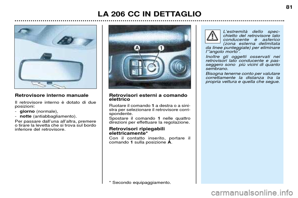 Peugeot 206 CC 2001.5  Manuale del proprietario (in Italian) LA 206 CC IN DETTAGLIO
81
Retrovisore interno manuale Il retrovisore interno  posizioni:  -giorno  (normale),
- notte (antiabbagliamento).
Per passare dallÕuna allÕaltra, premere o tirare la levetta