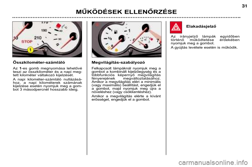 Peugeot 206 CC 2001.5  Kezelési útmutató (in Hungarian) MŰKÖDÉSEK ELLENŐRZÉSE
31
Elakadásjelző
Az  irányjelző  lámpák  egyidőben 
történő  működtetése  érdekében
nyomjuk meg a gombot. 
A gyújtás levétele esetén is működik.
Összki