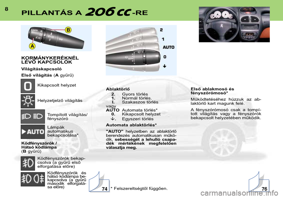 Peugeot 206 CC 2001.5  Kezelési útmutató (in Hungarian) 8PILLANTÁS A -RE
KORMÁNYKERÉKNÉL 
LÉVŐ KAPCSOLÓK 
Világításkapcsoló 
Első világítás(A gyűrű)
Kikapcsolt helyzet 
Helyzetjelző világítás
Tompított világítás/ fényszóró Lámp