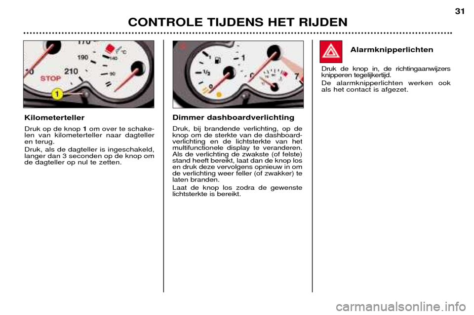 Peugeot 206 CC 2001.5  Handleiding (in Dutch) CONTROLE TIJDENS HET RIJDEN
31
Alarmknipperlichten
Druk de knop in, de richtingaanwijzers knipperen tegelijkertijd. De alarmknipperlichten werken ook als het contact is afgezet.
Kilometerteller Druk o