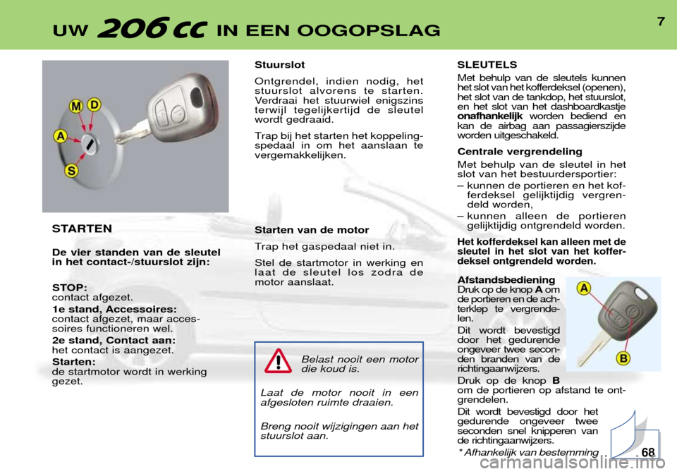Peugeot 206 CC 2001.5  Handleiding (in Dutch) 7UW  IN EEN OOGOPSLAG
STARTEN De vier standen van de sleutel in het contact-/stuurslot zijn:STOP:
contact afgezet.
1e stand, Accessoires:
contact afgezet, maar acces-soires functioneren wel.
2e stand,