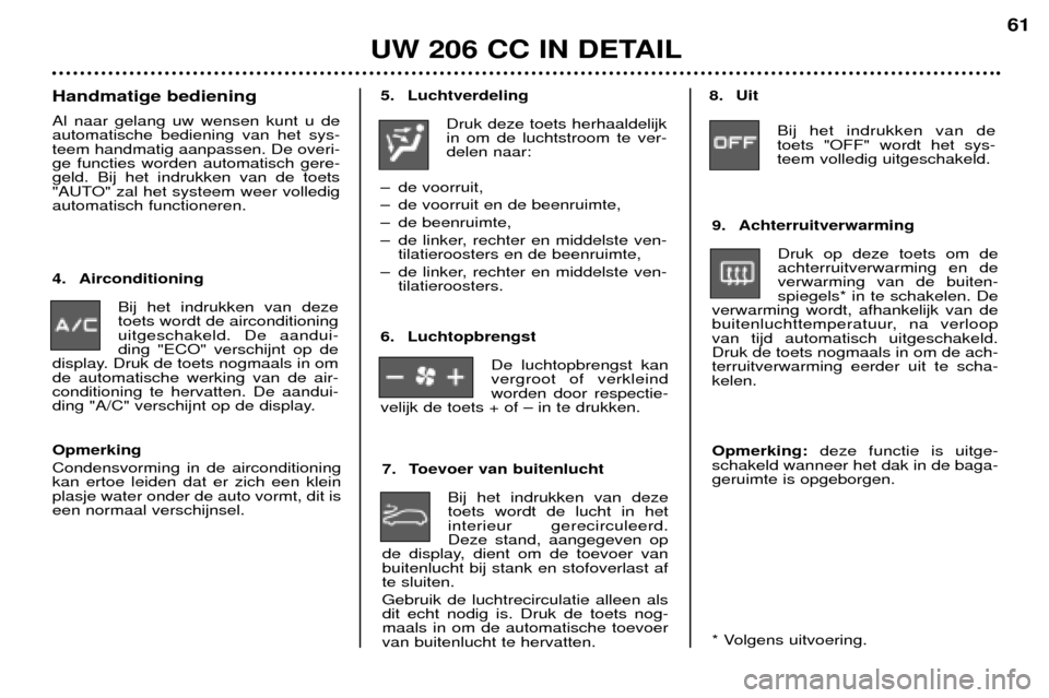Peugeot 206 CC 2001.5  Handleiding (in Dutch) UW 206 CC IN DETAIL
61
5. LuchtverdelingDruk deze toets herhaaldelijk in om de luchtstroom te ver-delen naar:
Ð de voorruit, 
Ð de voorruit en de beenruimte,
Ð de beenruimte,
Ð de linker, rechter 