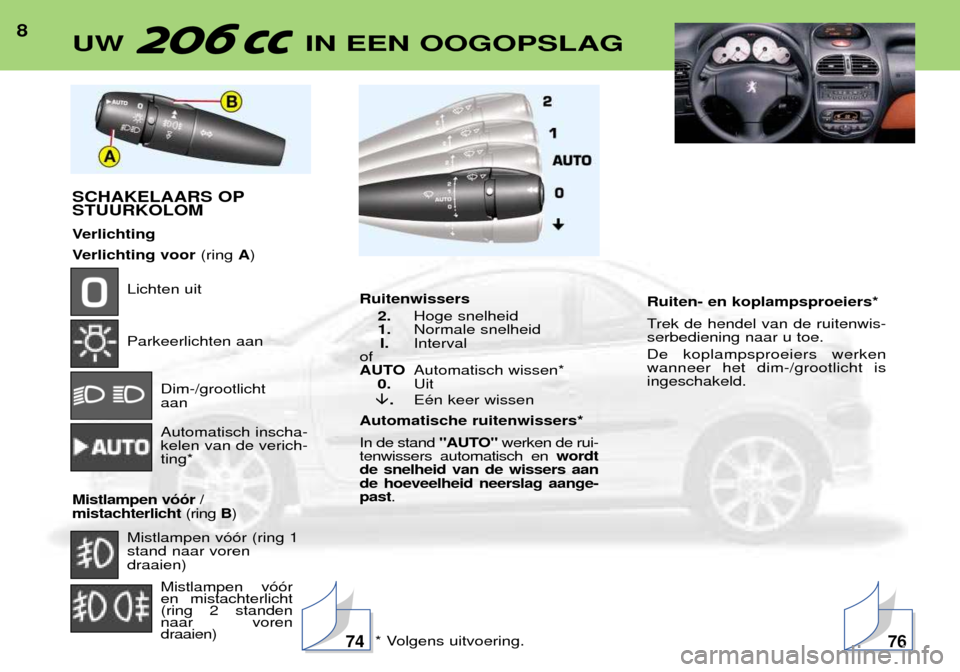 Peugeot 206 CC 2001.5  Handleiding (in Dutch) 8UW  IN EEN OOGOPSLAG
SCHAKELAARS OP STUURKOLOM 
Verlichting 
Verlichting voor(ring A)
Lichten uit Parkeerlichten aan
Dim-/grootlicht  aan Automatisch inscha- kelen van de verich-ting*
Mistlampen v—