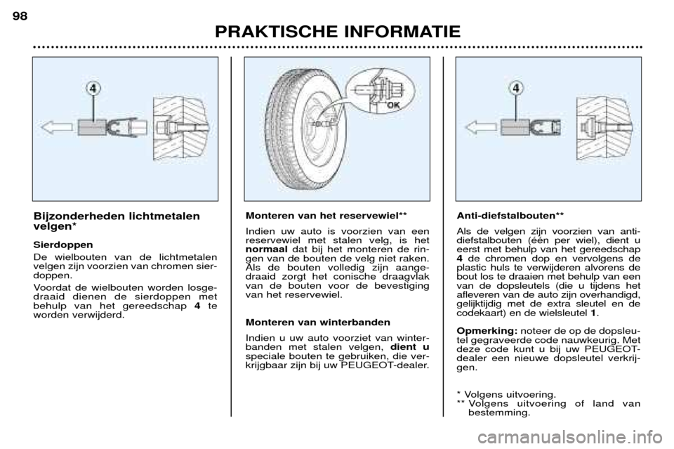 Peugeot 206 CC 2001.5  Handleiding (in Dutch) PRAKTISCHE INFORMATIE
98
Bijzonderheden lichtmetalen velgen* Sierdoppen De wielbouten van de lichtmetalen velgen zijn voorzien van chromen sier-doppen.  
Voordat de wielbouten worden losge- draaid die