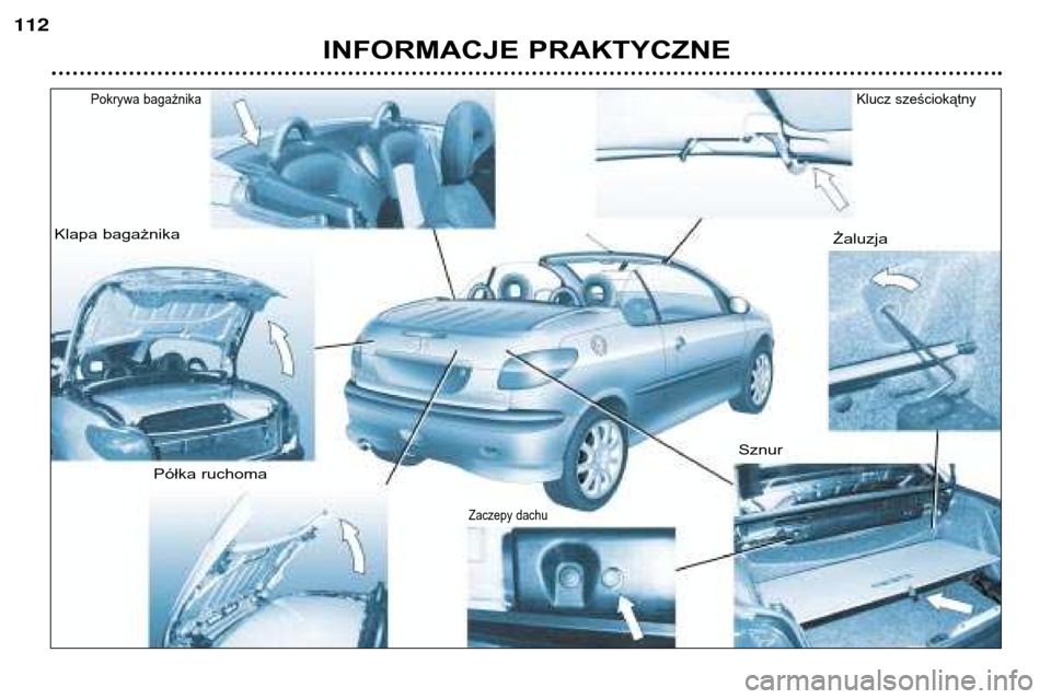 Peugeot 206 CC 2001.5  Instrukcja Obsługi (in Polish) INFORMACJE PRAKTYCZNE
112
Pokrywa bagażnika
Klapa bagażnikaPółka ruchoma
Zaczepy dachu
SznurŻaluzja
Klucz sześciokątny  