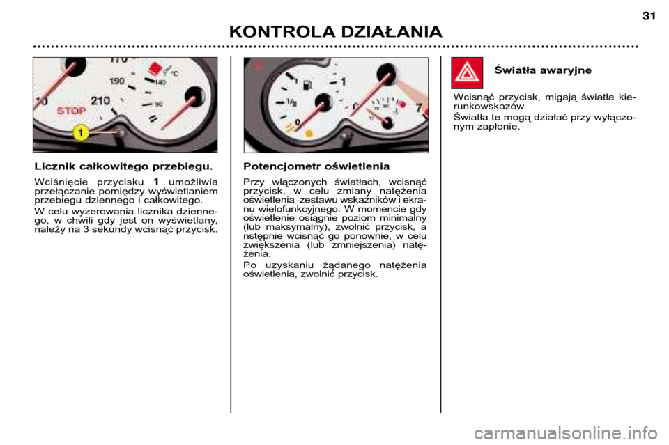 Peugeot 206 CC 2001.5  Instrukcja Obsługi (in Polish) KONTROLA DZIAŁANIA
31
Światła awaryjne
Wcisnąć  przycisk,  migają  światła  kie- 
runkowskazów. 
Światła te mogą działać przy wyłączo- 
nym zapłonie.
Licznik całkowitego przebiegu. 
