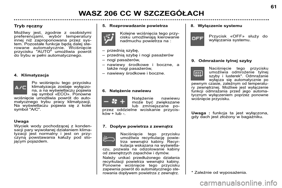 Peugeot 206 CC 2001.5  Instrukcja Obsługi (in Polish) WASZ 206 CC W SZCZEGÓŁACH
61
5. Rozprowadzanie powietrzaKolejne wciśnięcia tego przy- 
cisku  umożliwiają  kierowanie
nadmuchu powietrza na :
– przednią szybę, 
– przednią szybę i nogi p