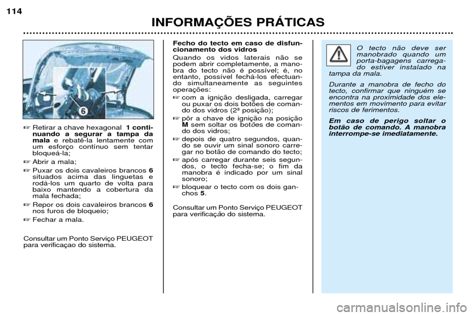 Peugeot 206 CC 2001.5  Manual do proprietário (in Portuguese) INFORMA‚ÍES PRçTICAS
114
Retirar a chave hexagonal 1 conti-
nuando a segurar a tampa da mala e rebat
um esforbloque‡-la;
 Abrir a mala;
 Puxar os dois cavaleiros brancos  6
situados acima das