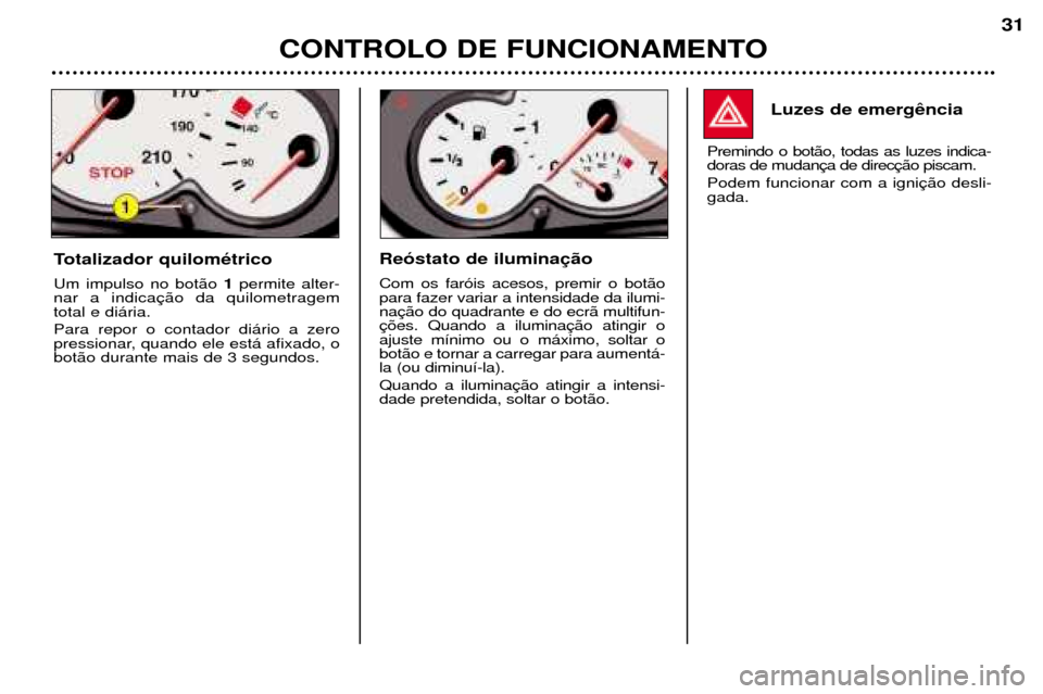 Peugeot 206 CC 2001.5 Manual do proprietário (in Portuguese) CONTROLO DE FUNCIONAMENTO
31
Luzes de emergncia
Premindo o bot‹o, todas as luzes indica- doras de mudan Podem funcionar com a igni gada.
Totalizador quilom Žtrico
Um impulso no bot‹o 1permite al Peugeot 206 CC 2001.5 Manual do proprietário (in Portuguese) CONTROLO DE FUNCIONAMENTO
31
Luzes de emergncia
Premindo o bot‹o, todas as luzes indica- doras de mudan Podem funcionar com a igni gada.
Totalizador quilom Žtrico
Um impulso no bot‹o 1permite al