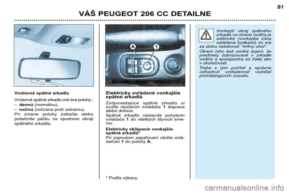 Peugeot 206 CC 2001.5 Užívateľská príručka (in Slovak) VÁŠ PEUGEOT 206 CC DETAILNE
81
Vnútorné spätné zrkadlo
Vnútorné spätné zrkadlo má dve polohy: –dennú (normálnu),
– nočnú (ochrana proti oslneniu).
Pri zmene polohy zatlačte al Peugeot 206 CC 2001.5 Užívateľská príručka (in Slovak) VÁŠ PEUGEOT 206 CC DETAILNE
81
Vnútorné spätné zrkadlo
Vnútorné spätné zrkadlo má dve polohy: –dennú (normálnu),
– nočnú (ochrana proti oslneniu).
Pri zmene polohy zatlačte al