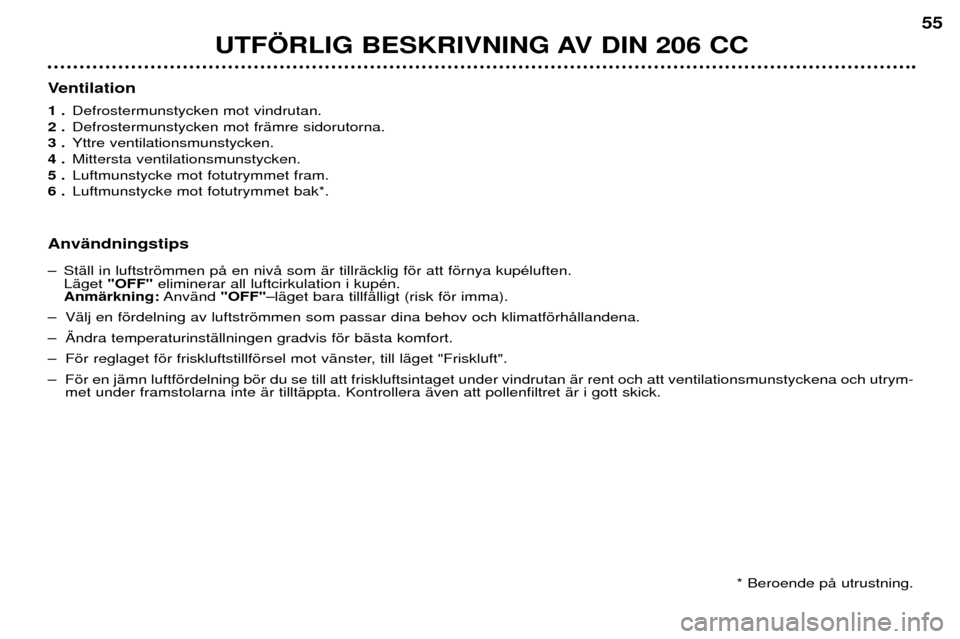 Peugeot 206 CC 2001.5  Ägarmanual (in Swedish) UTF…RLIG BESKRIVNING AV DIN 206 CC
55
Ventilation 1 .Defrostermunstycken mot vindrutan.
2 . Defrostermunstycken mot frŠmre sidorutorna.
3 . Yttre ventilationsmunstycken.
4 . Mittersta ventilationsm