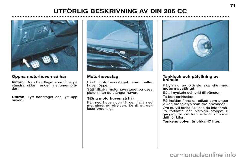Peugeot 206 CC 2001.5  Ägarmanual (in Swedish) UTF…RLIG BESKRIVNING AV DIN 206 CC
71
Motorhuvsstag FŠst motorhuvsstaget som hŒller huven šppen. SŠtt tillbaka motorhuvsstaget pŒ dess plats innan du stŠnger huven. StŠng motorhuven sŒ hŠr 