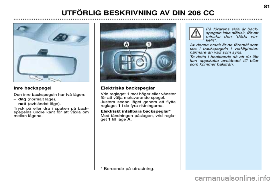 Peugeot 206 CC 2001.5 Ägarmanual (in Swedish) UTF…RLIG BESKRIVNING AV DIN 206 CC
81
Inre backspegel Den inre backspegeln har tvŒ lŠgen: Ðdag (normalt lŠge),
Ð natt (avblŠndat lŠge).
Tryck pŒ eller dra i spaken pŒ back- spegelns undre k Peugeot 206 CC 2001.5 Ägarmanual (in Swedish) UTF…RLIG BESKRIVNING AV DIN 206 CC
81
Inre backspegel Den inre backspegeln har tvŒ lŠgen: Ðdag (normalt lŠge),
Ð natt (avblŠndat lŠge).
Tryck pŒ eller dra i spaken pŒ back- spegelns undre k
