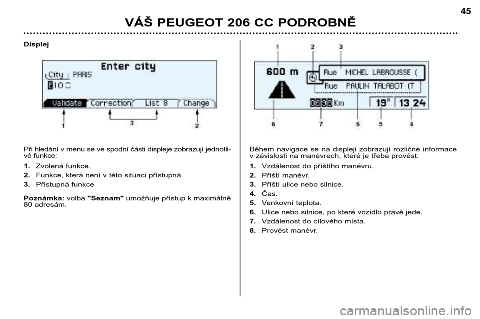 Peugeot 206 CC 2001.5  Návod k obsluze (in Czech) VÁŠ PEUGEOT 206 CC PODROBNĚ
45
Displej 
Při hledání v menu se ve spodní části displeje zobrazují jednotli- 
vé funkce: 1.Zvolená funkce.
2. Funkce, která není v této situaci přístupn�
