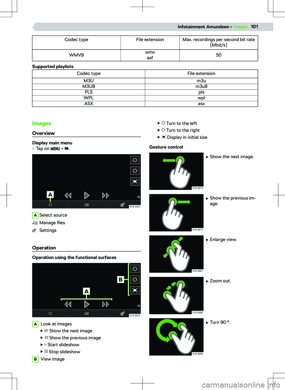 SKODA KAMIQ 2020  Owner´s Manual Codec typeFile extensionMax. recordings per second bit rate[Mbit/s]WMV9wmvasf50
Supported playlists
Codec typeFile extensionM3Um3uM3U8m3u8PLSplsWPLwplASXasxImages
Overview
Display main menu 