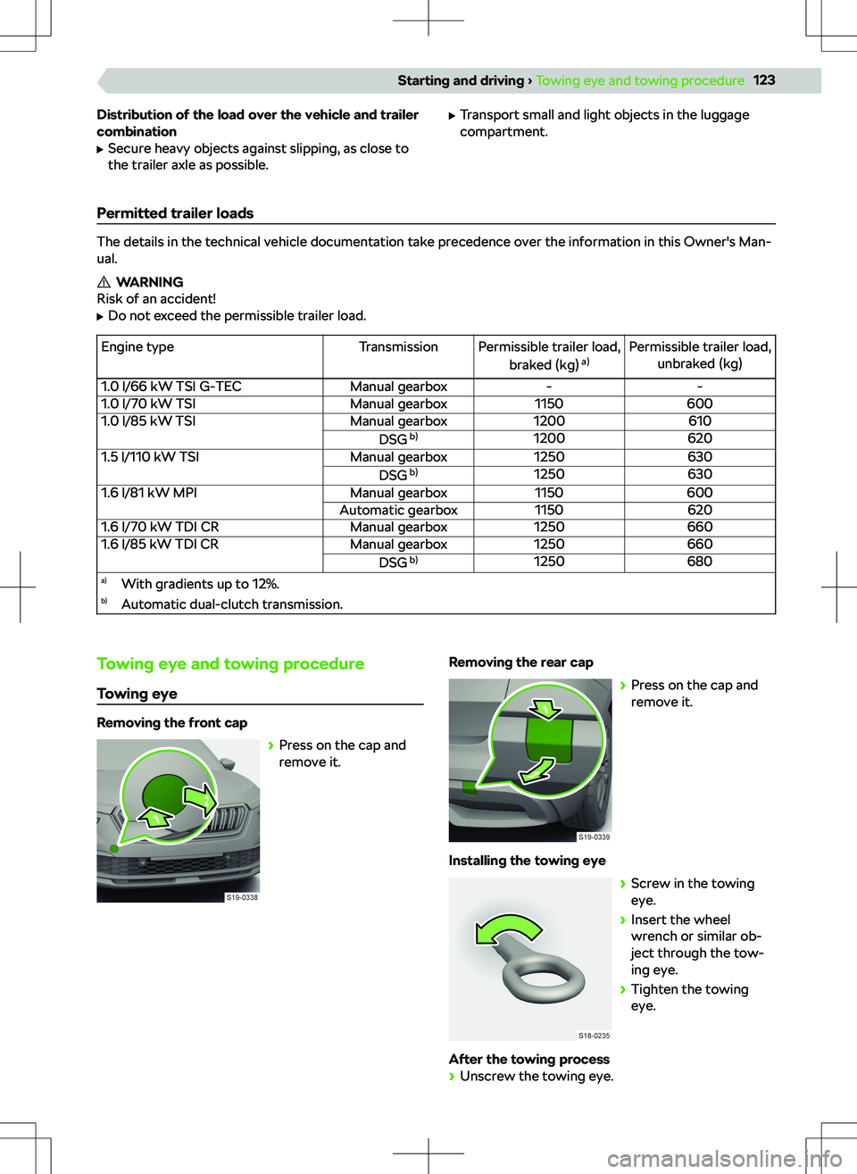 SKODA KAMIQ 2020  Owner´s Manual Distribution of the load over the vehicle and trailer
combination
