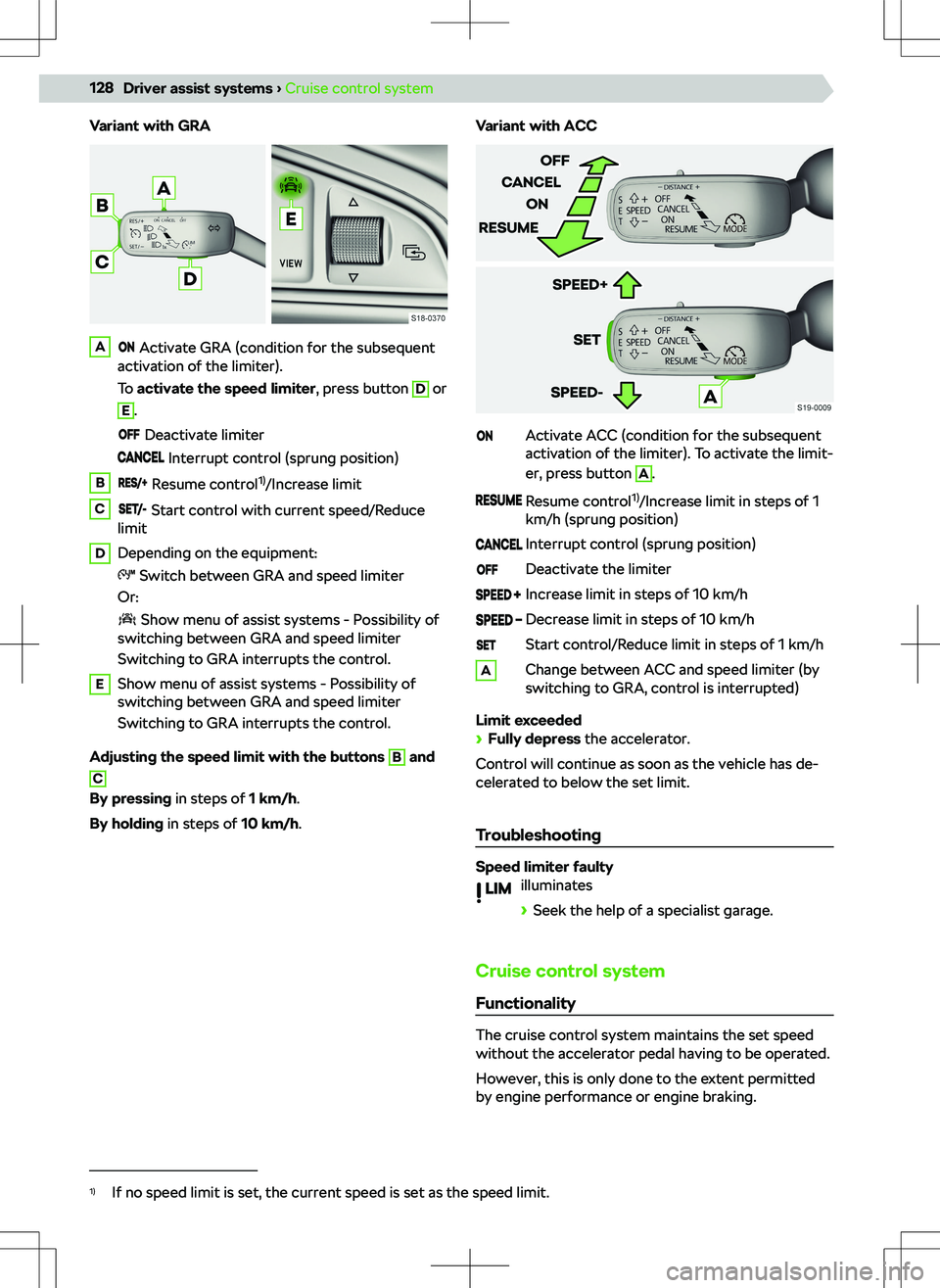 SKODA KAMIQ 2020 Owner´s Manual Variant with GRAA Activate GRA (condition for the subsequent
activation of the limiter).
To activate the speed limiter , press button D
or
E
.
Deactivate limiter
Interrupt control (sprung position SKODA KAMIQ 2020 Owner´s Manual Variant with GRAA Activate GRA (condition for the subsequent
activation of the limiter).
To activate the speed limiter , press button D
or
E
.
Deactivate limiter
Interrupt control (sprung position