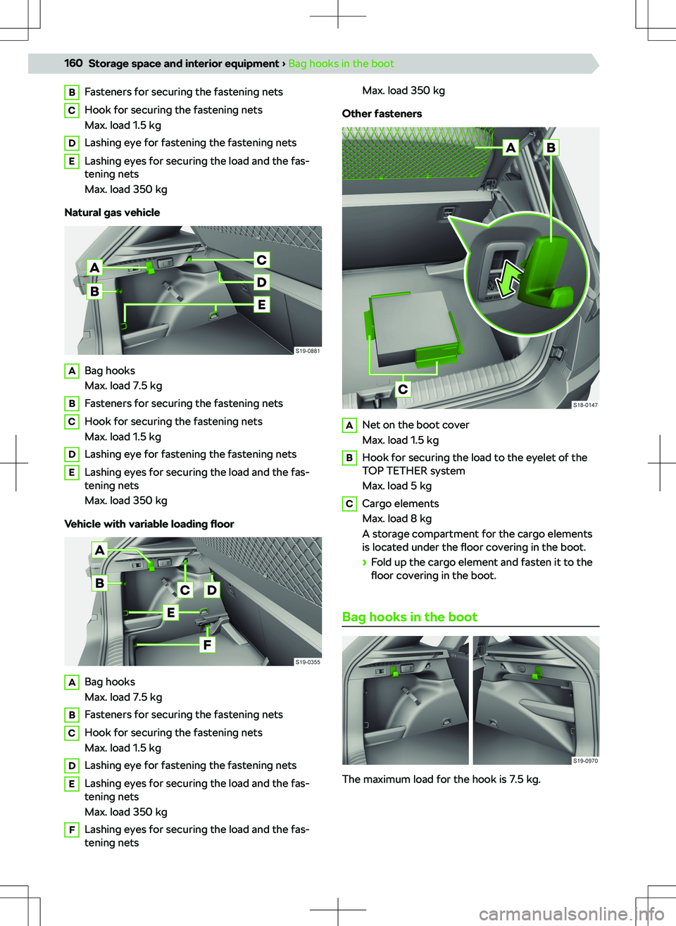 SKODA KAMIQ 2020 Owner´s Manual BFasteners for securing the fastening netsCHook for securing the fastening nets
Max. load 1.5 kgDLashing eye for fastening the fastening netsELashing eyes for securing the load and the fas-
tening net SKODA KAMIQ 2020 Owner´s Manual BFasteners for securing the fastening netsCHook for securing the fastening nets
Max. load 1.5 kgDLashing eye for fastening the fastening netsELashing eyes for securing the load and the fas-
tening net
