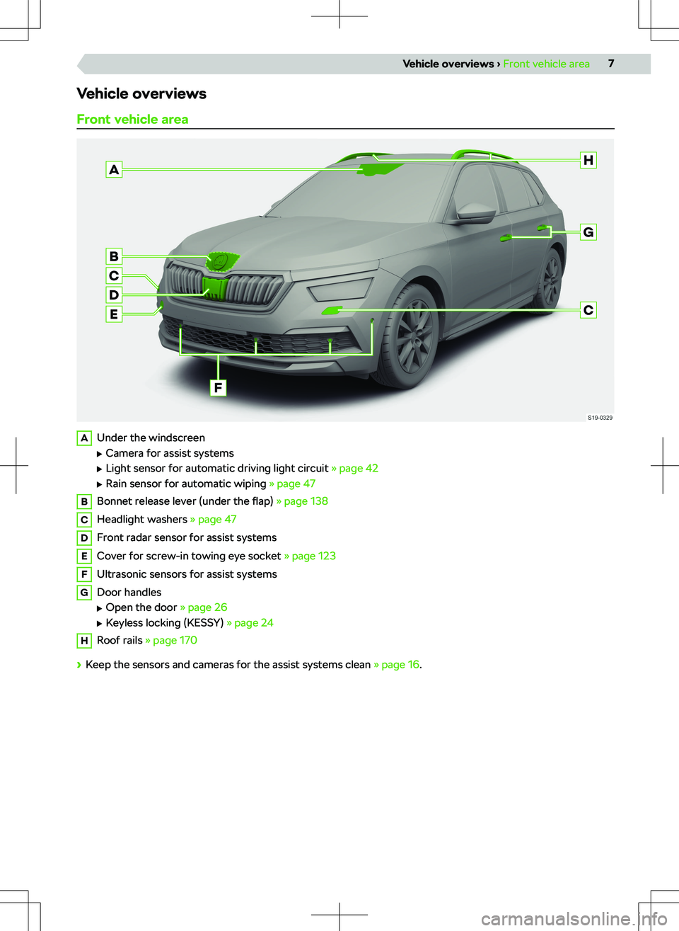 SKODA KAMIQ 2020  Owner´s Manual Vehicle overviewsFront vehicle areaAUnder the windscreen 