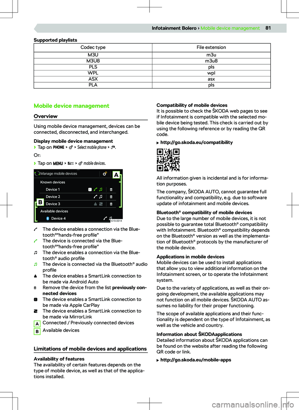 SKODA KAMIQ 2020  Owner´s Manual Supported playlistsCodec typeFile extensionM3Um3uM3U8m3u8PLSplsWPLwplASXasxPLAplsMobile device management
Overview
Using mobile device management, devices can be
connected, disconnected, and interchan