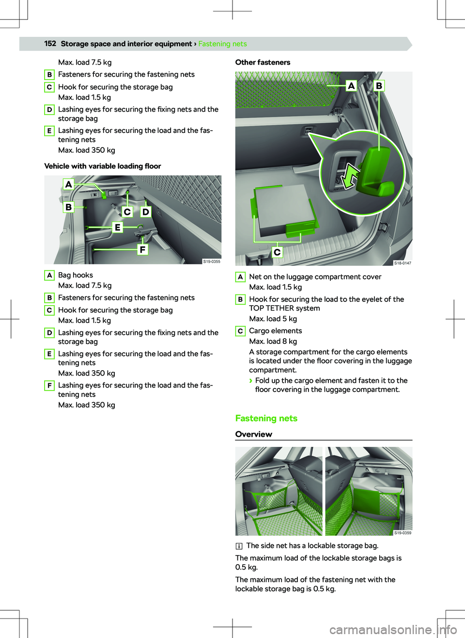 SKODA KAMIQ 2019  Owner´s Manual Max. load 7.5 kgBFasteners for securing the fastening netsCHook for securing the storage bag
Max. load 1.5 kgDLashing eyes for securing the  fixing nets and the
storage bagELashing eyes for securing t