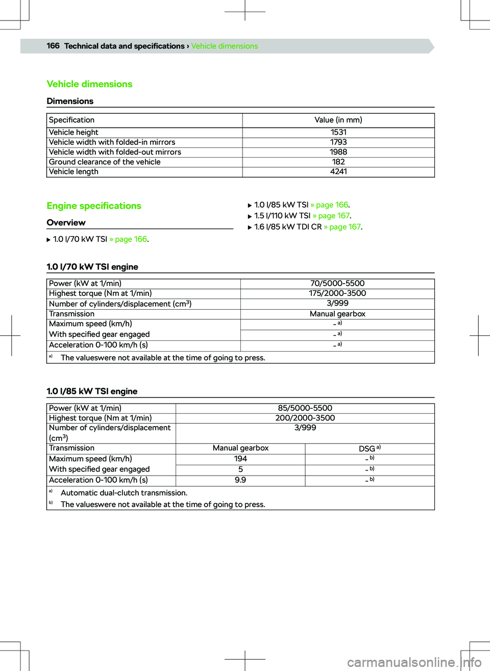SKODA KAMIQ 2019  Owner´s Manual Vehicle dimensionsDimensions
SpecificationValue (in mm)Vehicle height1531Vehicle width with folded-in mirrors1793Vehicle width with folded-out mirrors1988Ground clearance of the vehicle182Vehicle leng