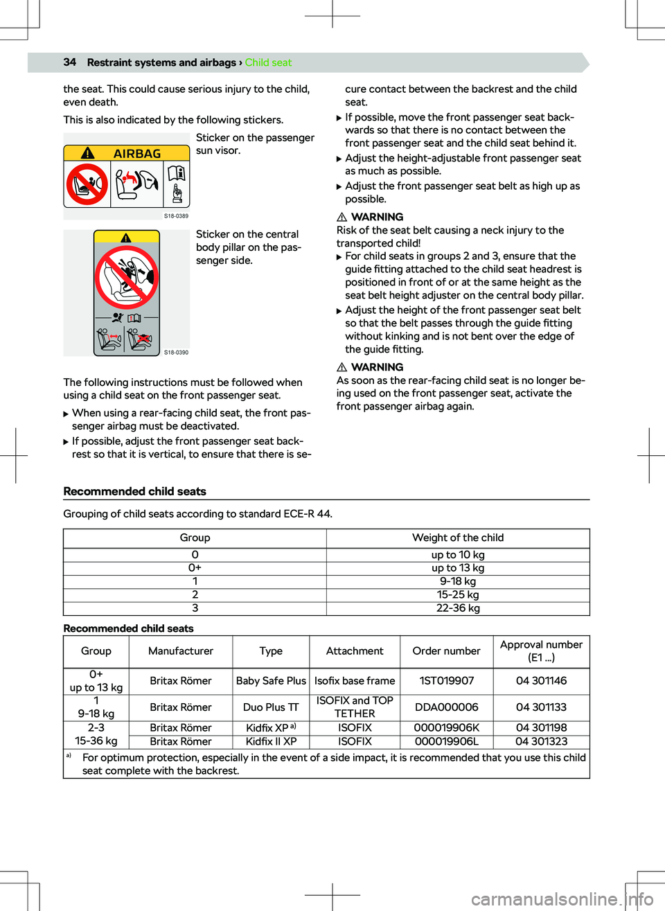 SKODA KAMIQ 2019 Owner´s Manual the seat. This could cause serious injury to the child,
even death.
This is also indicated by the following stickers.
Sticker on the passenger
sun visor.
Sticker on the central
body pillar on the pas- SKODA KAMIQ 2019 Owner´s Manual the seat. This could cause serious injury to the child,
even death.
This is also indicated by the following stickers.
Sticker on the passenger
sun visor.
Sticker on the central
body pillar on the pas-